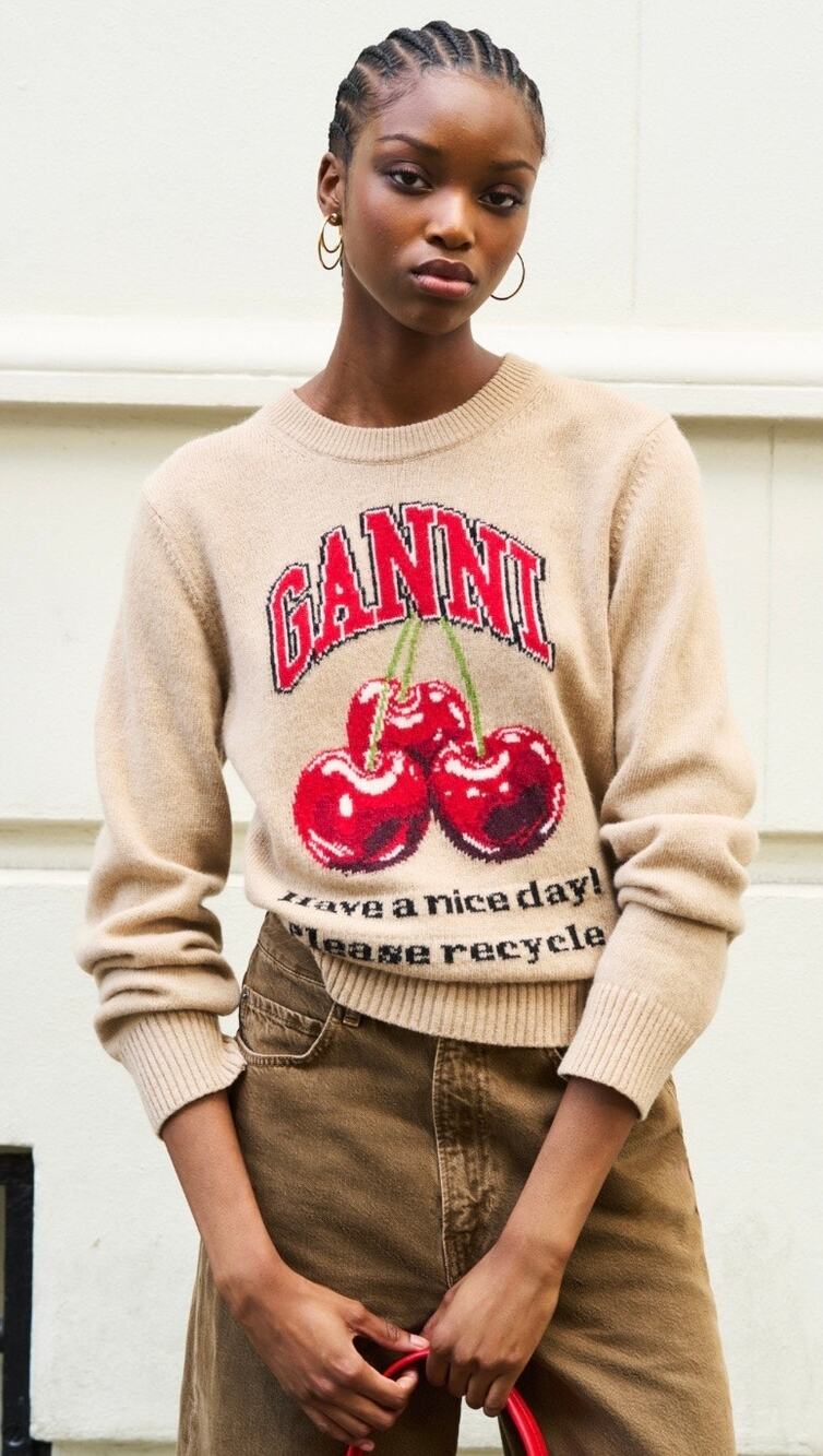 GANNI Cherry Graphic Camel Sweater Tan Medium Wool Pullover Crewneck Knit